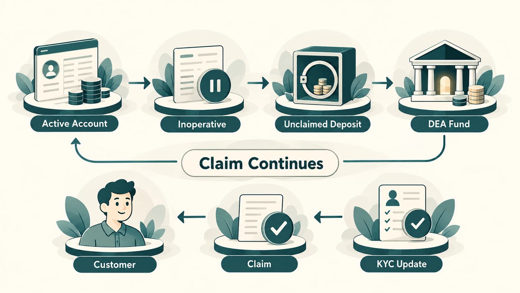 Flow showing how an inactive account can become unclaimed while the customer's claim remains valid.
