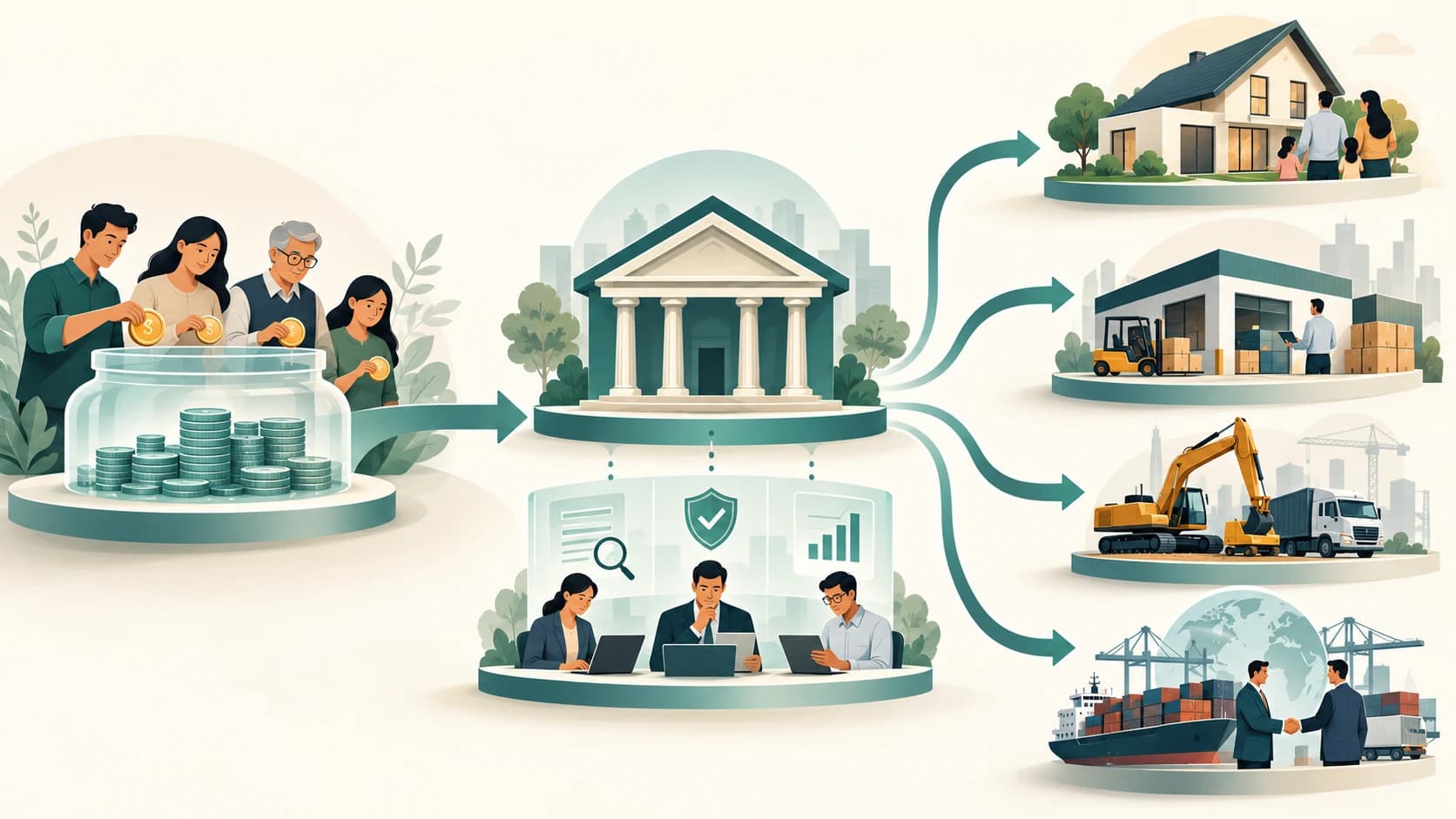 Editorial illustration showing a bank converting funding into carefully assessed loans and credit facilities.