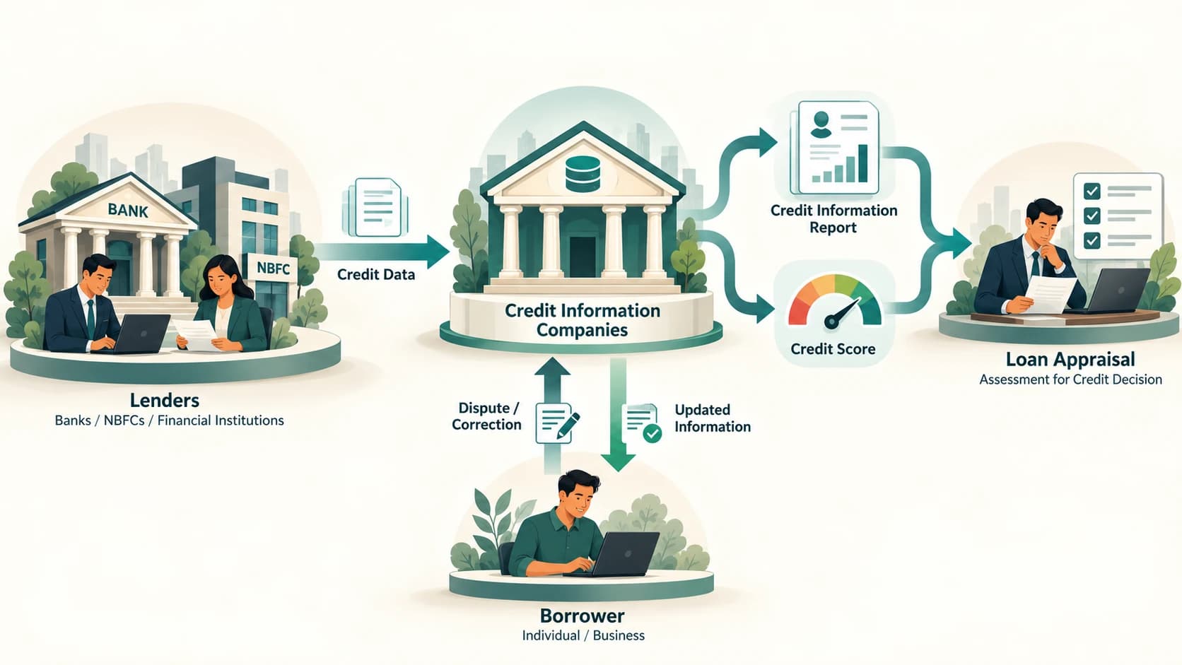 Credit-reporting ecosystem showing lenders, credit information companies, borrower reports and loan appraisal.