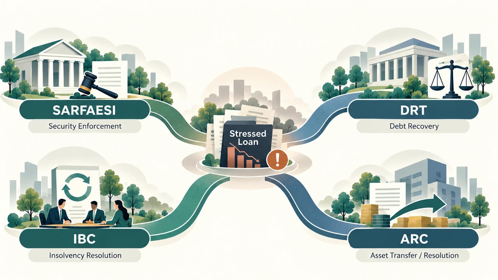Comparison of the main Indian stressed-loan recovery and resolution routes.