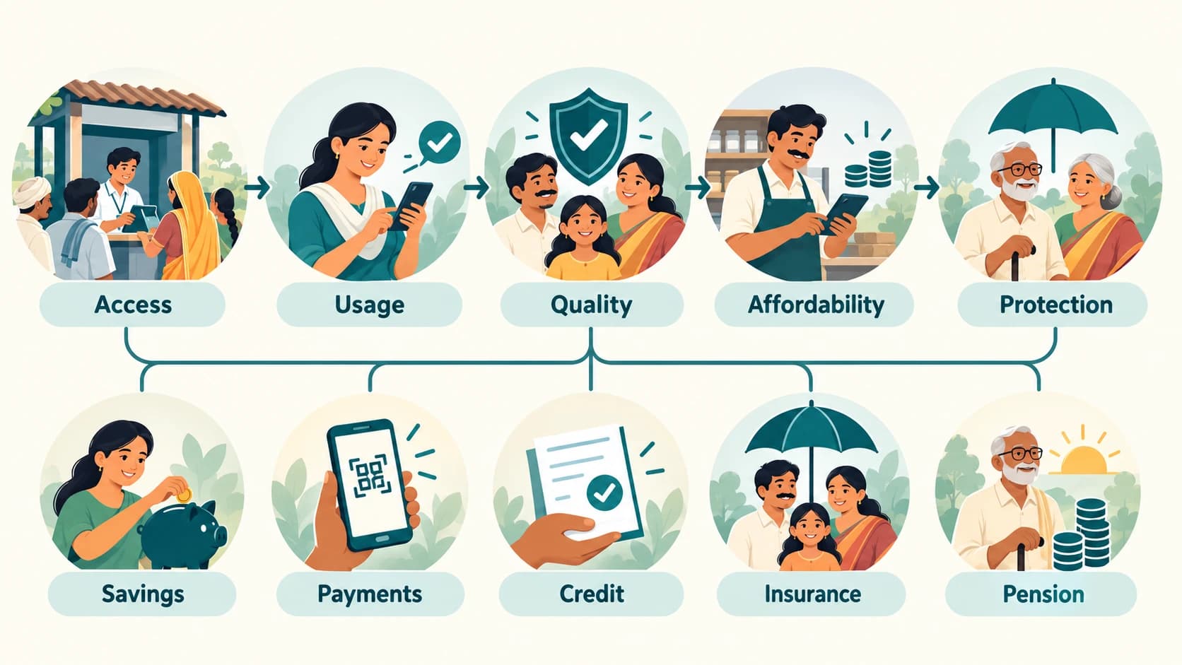 Financial inclusion framework showing access, usage, quality, affordability and protection.