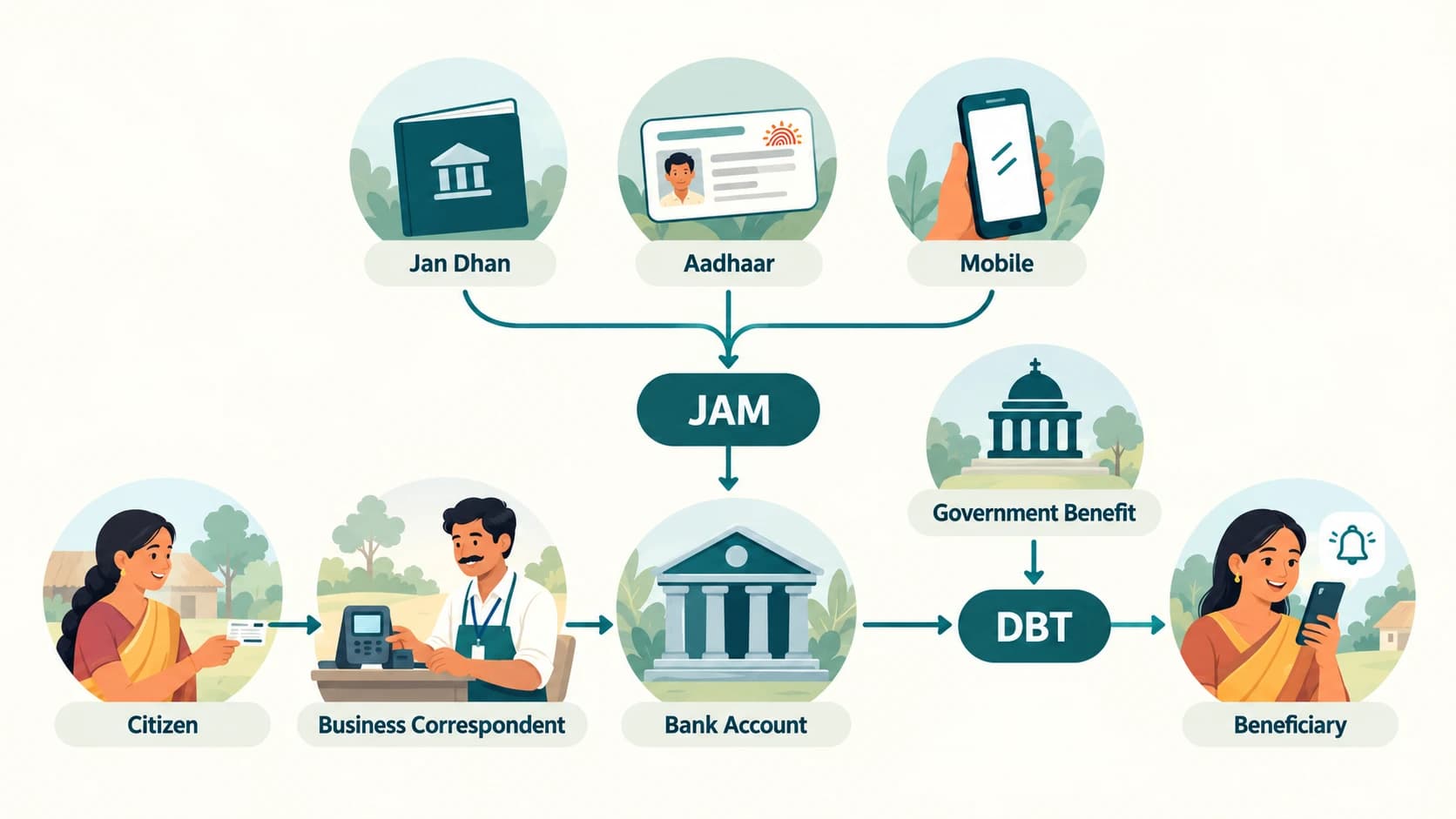 Diagram showing how Business Correspondents and JAM enable Direct Benefit Transfer into bank accounts.