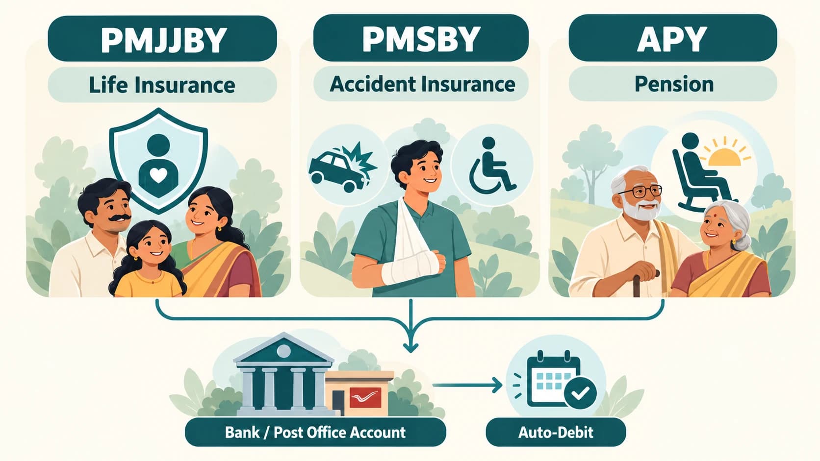 Comparison of PMJJBY, PMSBY and APY by type of financial protection.