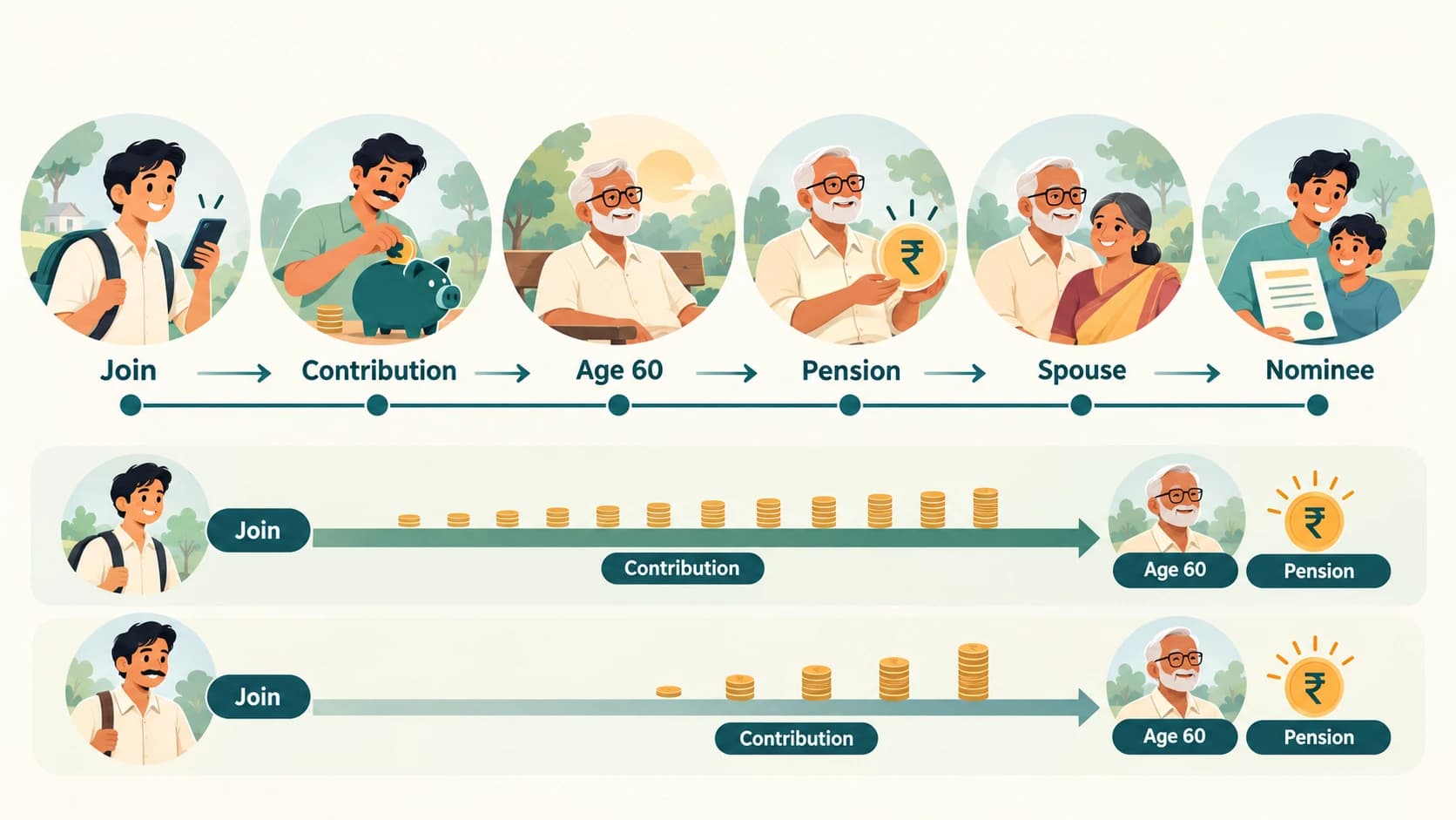 Atal Pension Yojana lifecycle from enrolment and contribution to pension, spouse benefit and nominee corpus.
