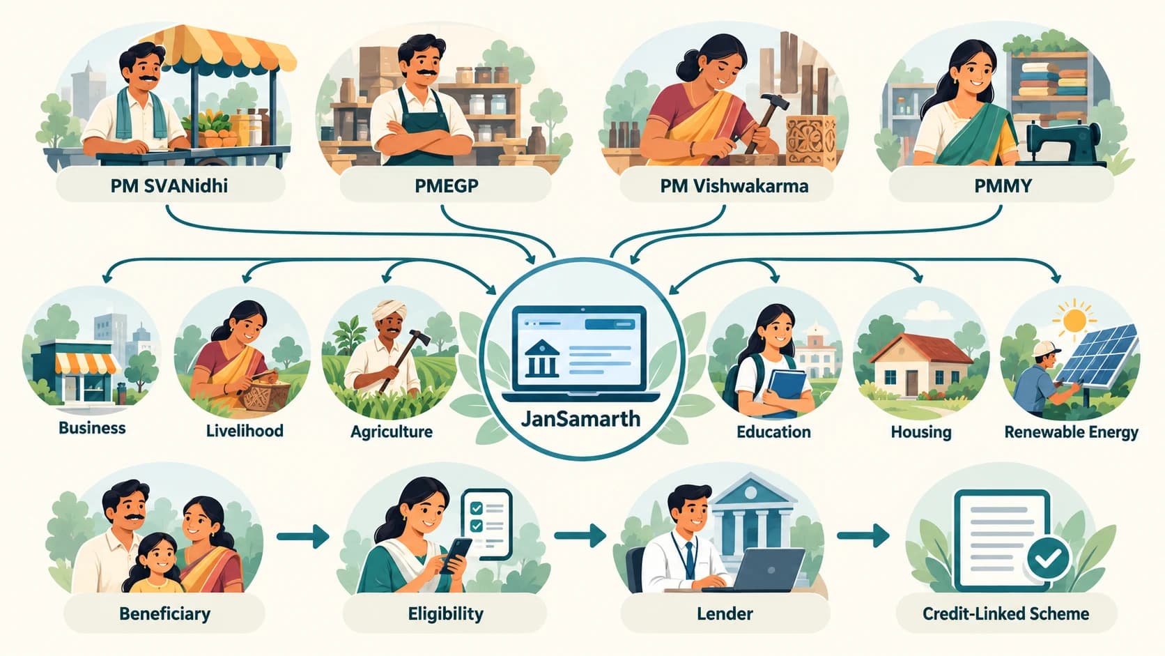 JanSamarth as a common digital access layer connecting beneficiaries with lenders and multiple Government credit-linked schemes.