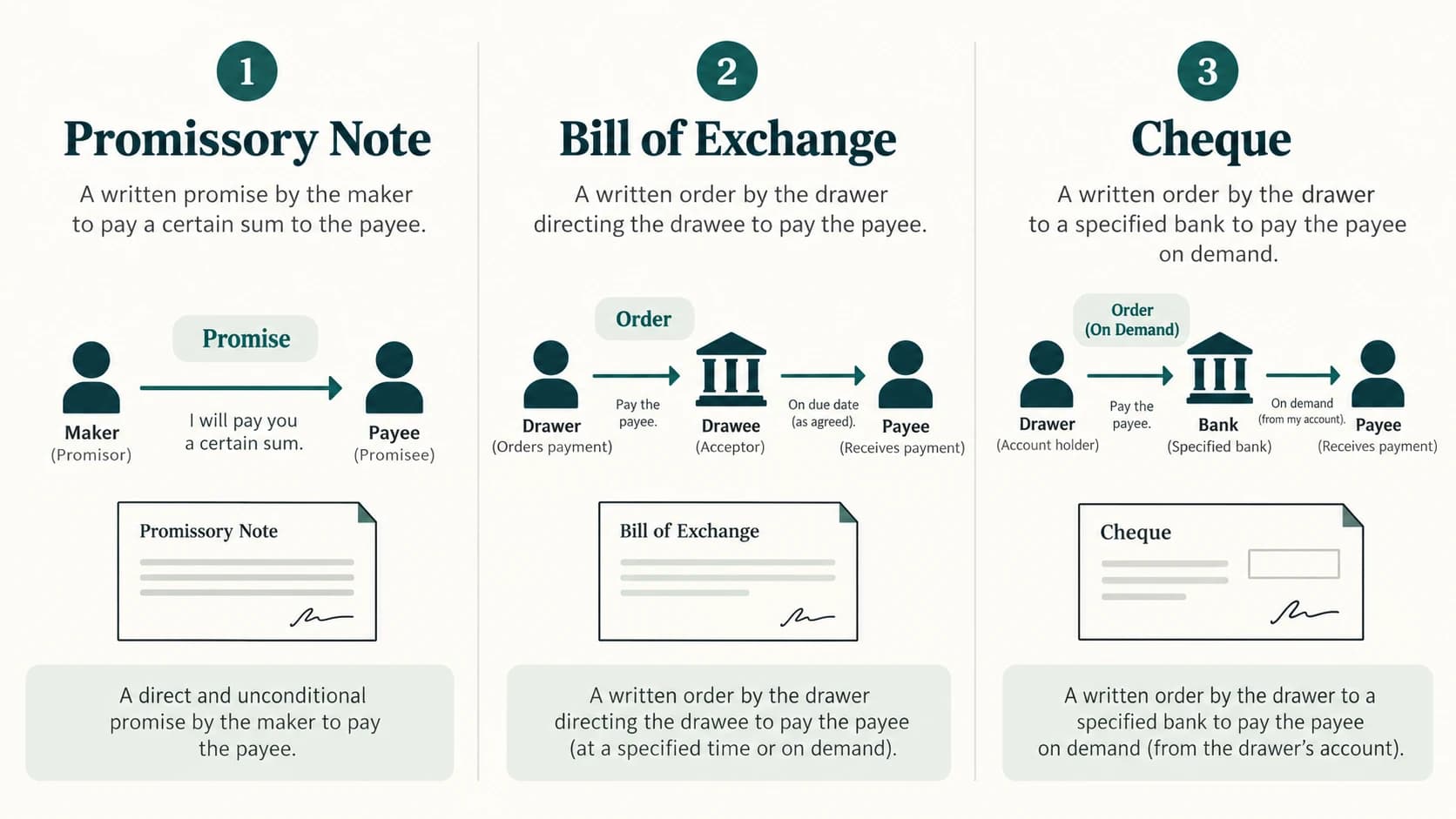 Side-by-side diagram distinguishing promise in a promissory note, order in a bill and bank payment order in a cheque.