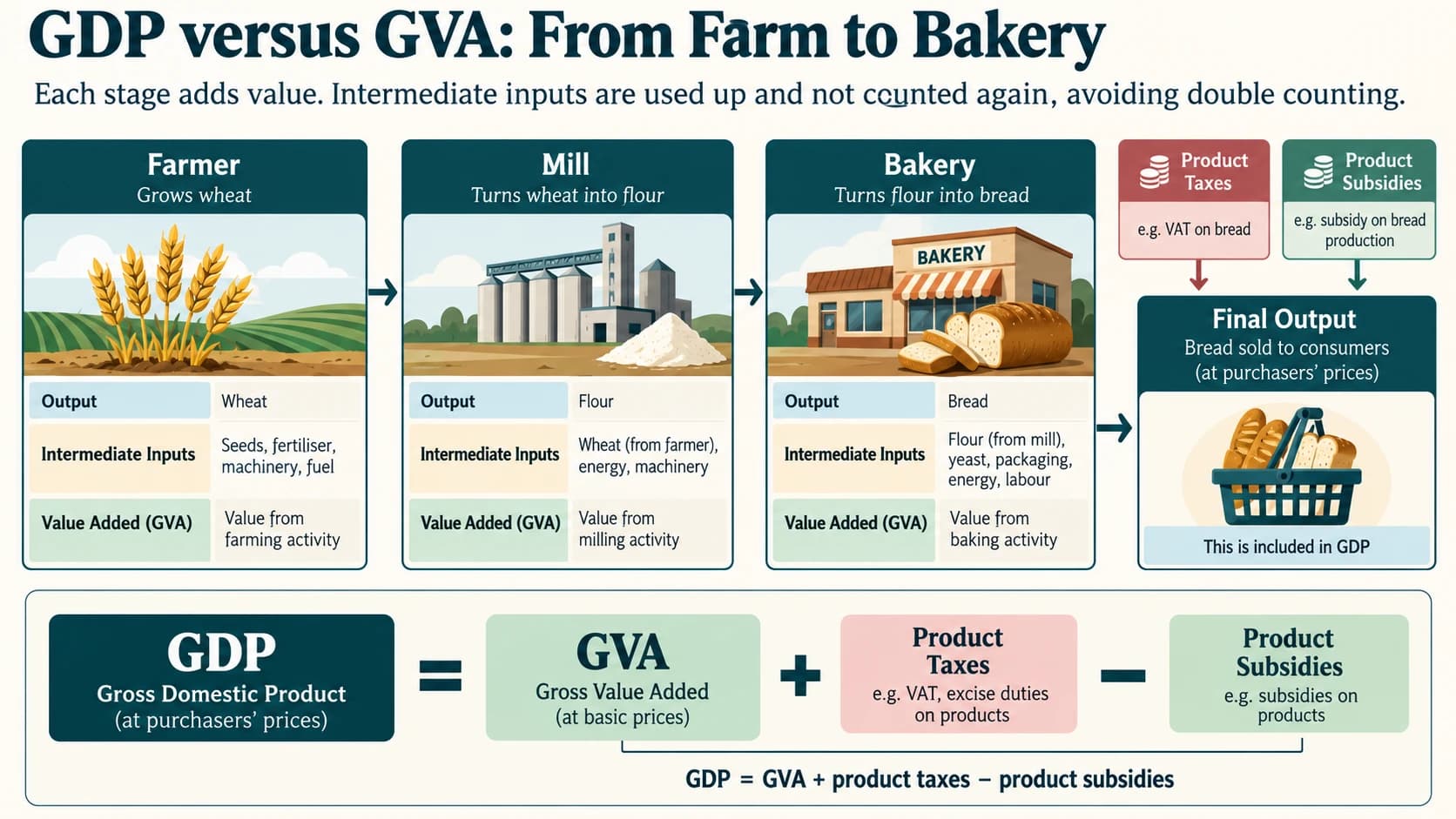 Diagram explaining value addition and the connection between GVA and GDP.