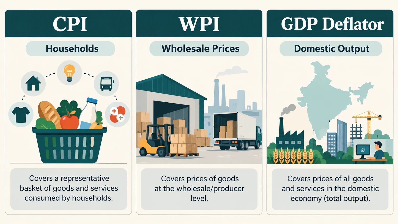 Comparison of consumer, wholesale and domestic-output price measurements.