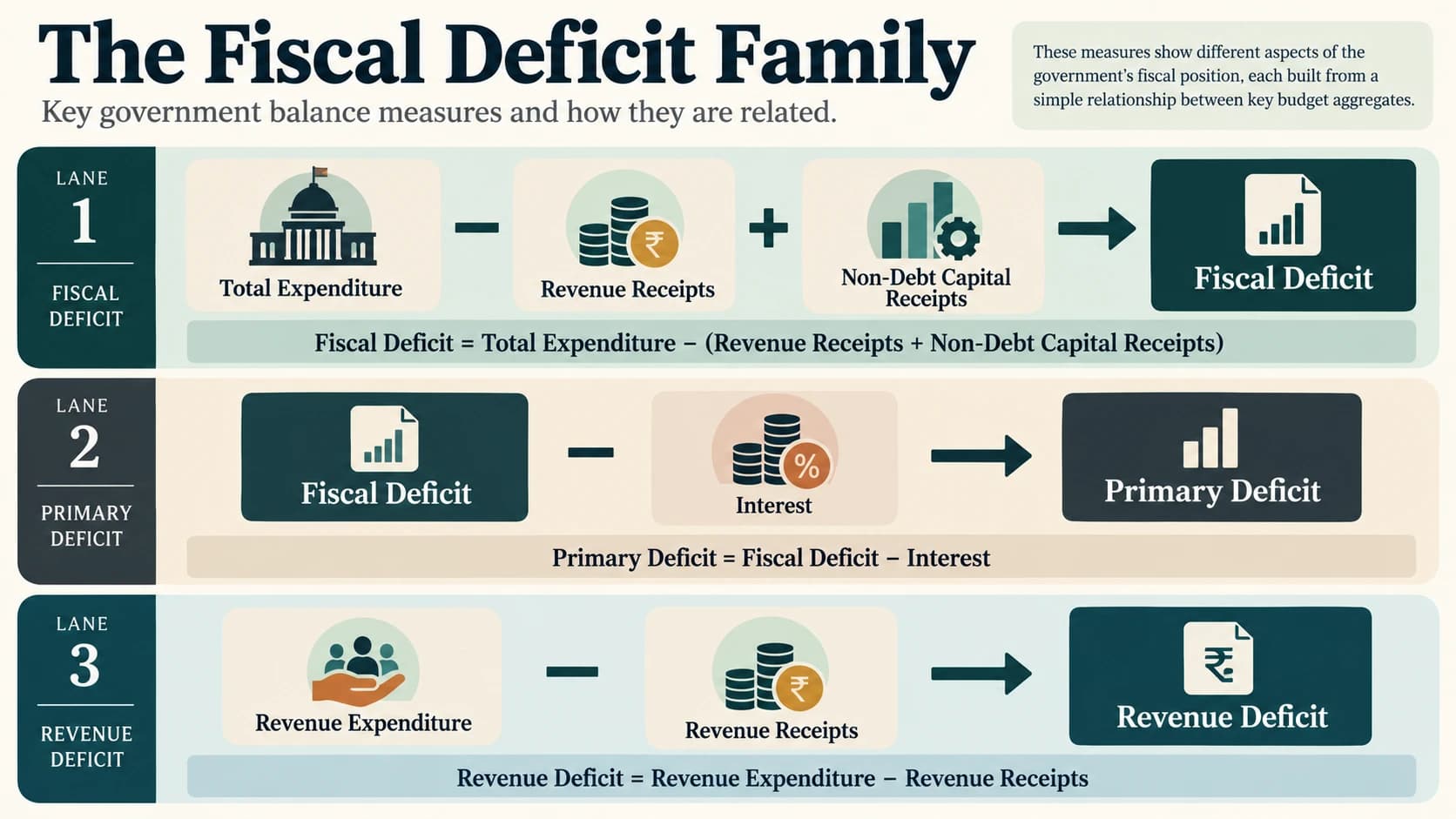 Visual explanation of fiscal, revenue and primary deficit formulas.