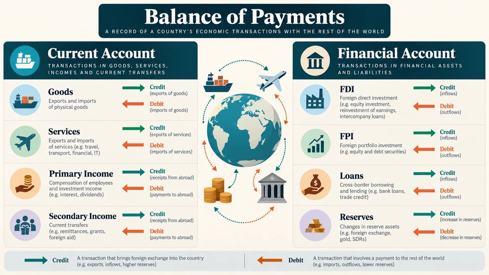 Balance-of-payments architecture showing current-account flows and financial-account transactions.
