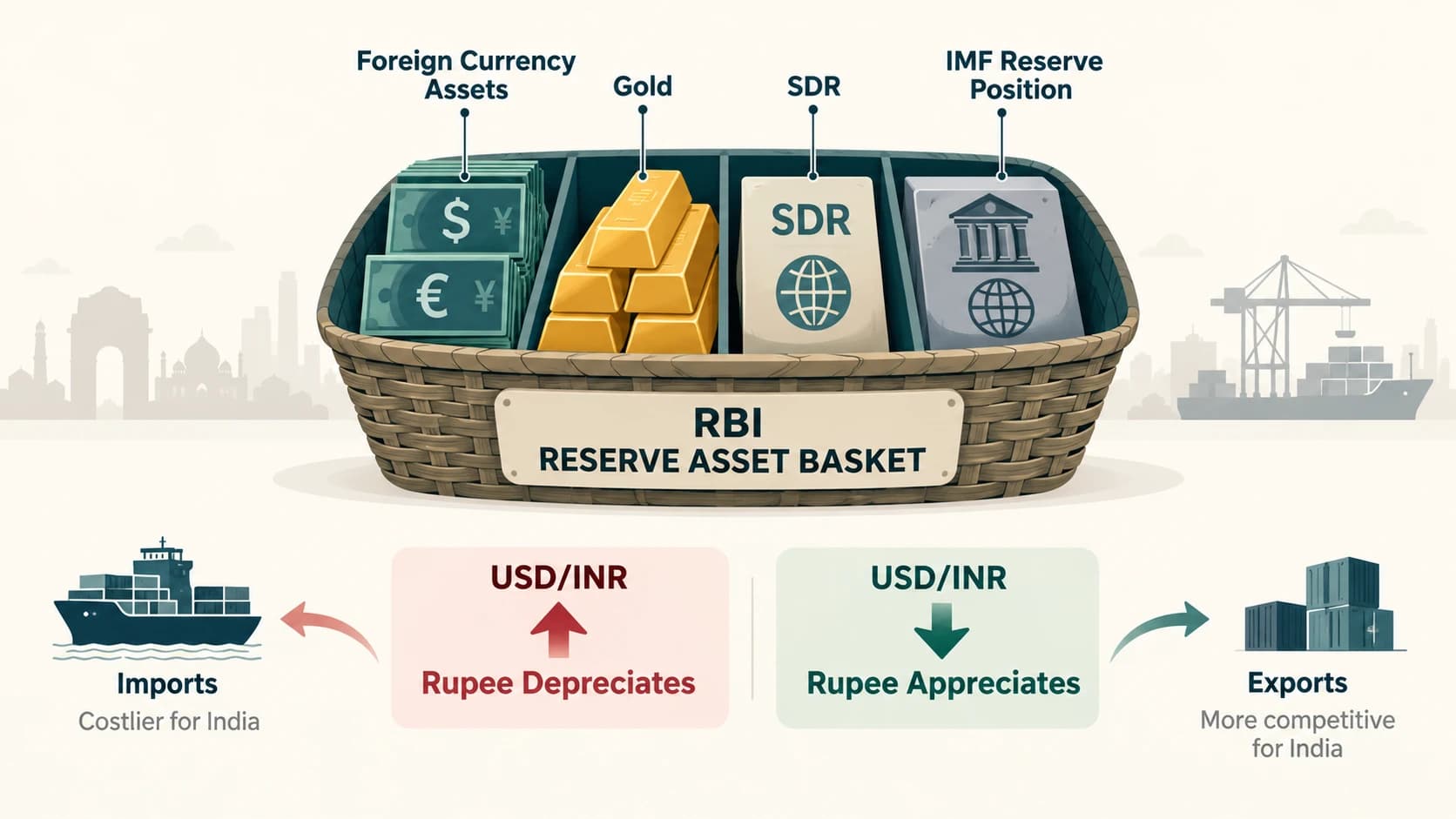 Composition of India's foreign-exchange reserves and interpretation of a USD/INR exchange-rate quote.