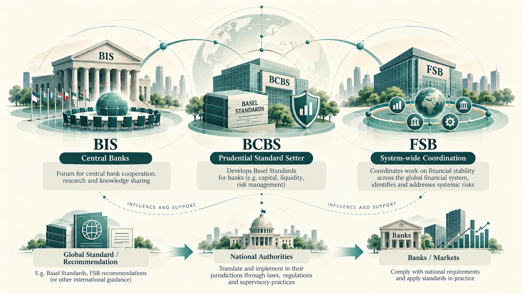 Separation of BIS cooperation, BCBS bank standards and FSB system-wide coordination.