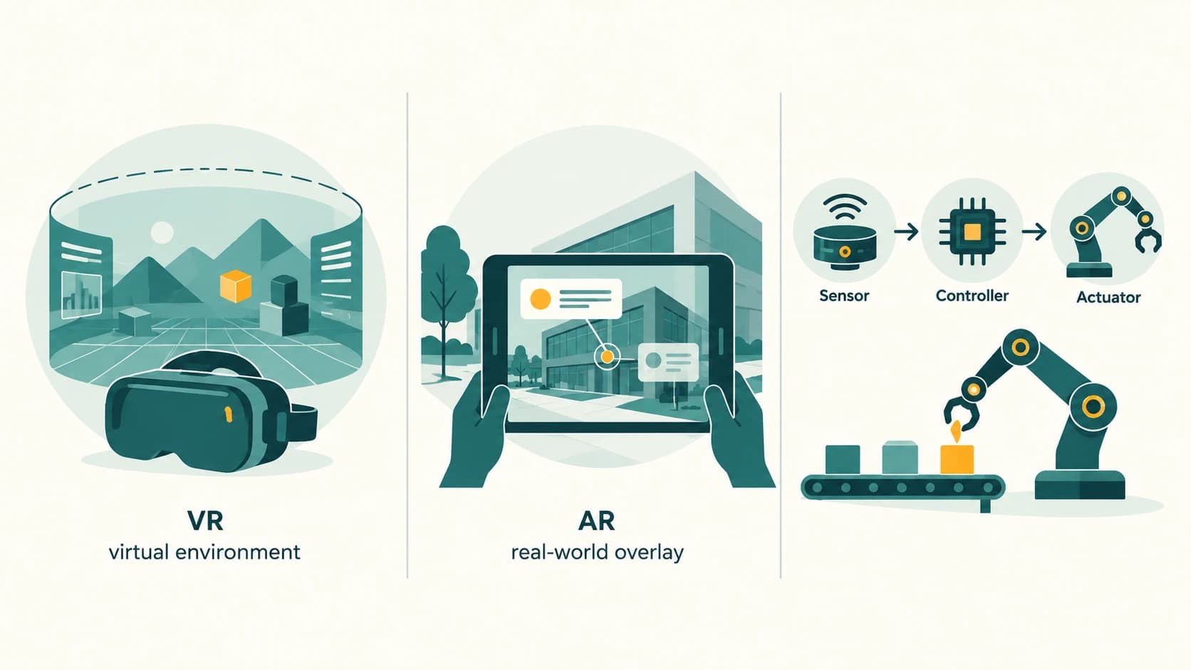 Three-part comparison of virtual reality, augmented reality and a robot's sensor-controller-actuator chain.