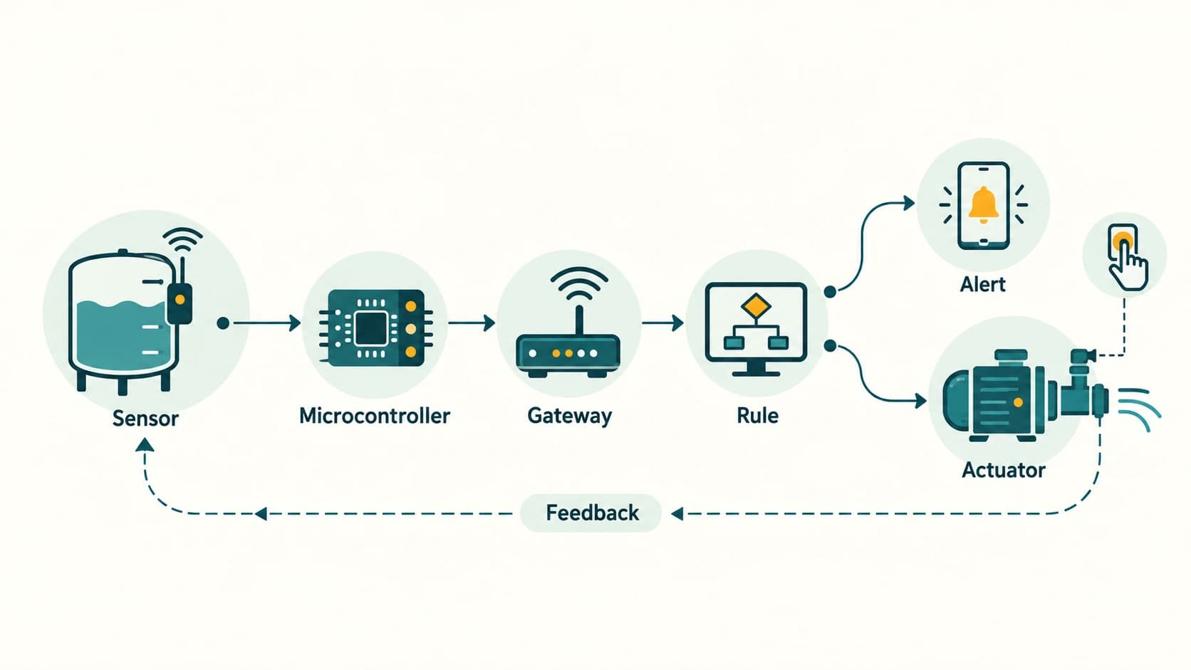 An Internet of Things loop from environmental sensor and microcontroller through a network gateway to a decision and controlled action.
