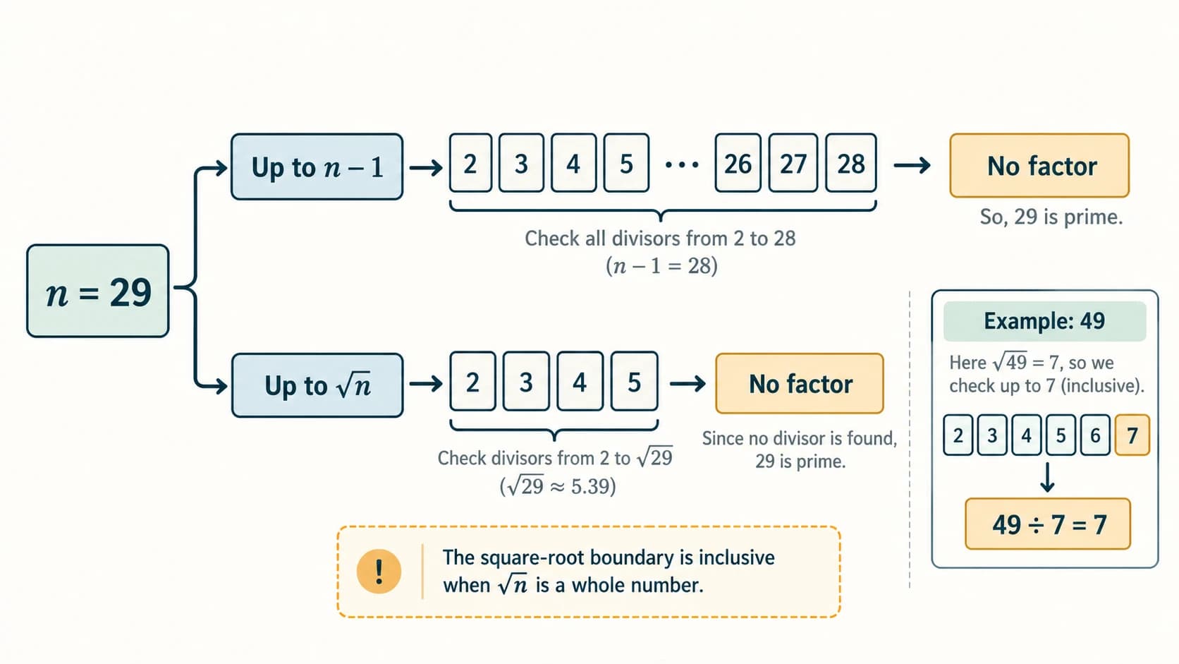 Comparison of testing divisors up to n minus one versus only up to square root n for prime checking.