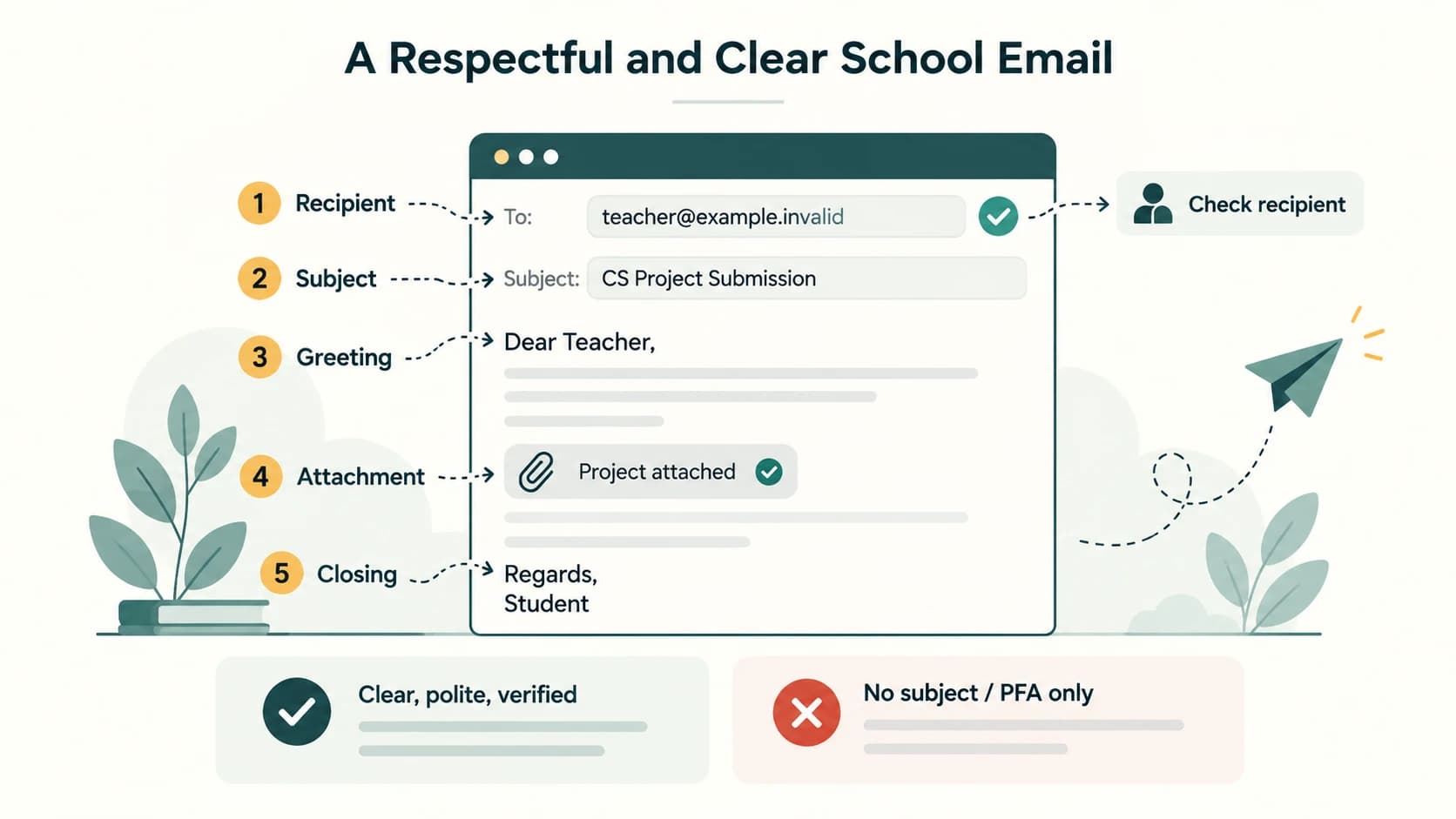 Labelled school email anatomy showing a clear subject, polite greeting, relevant attachment and identifying closing.