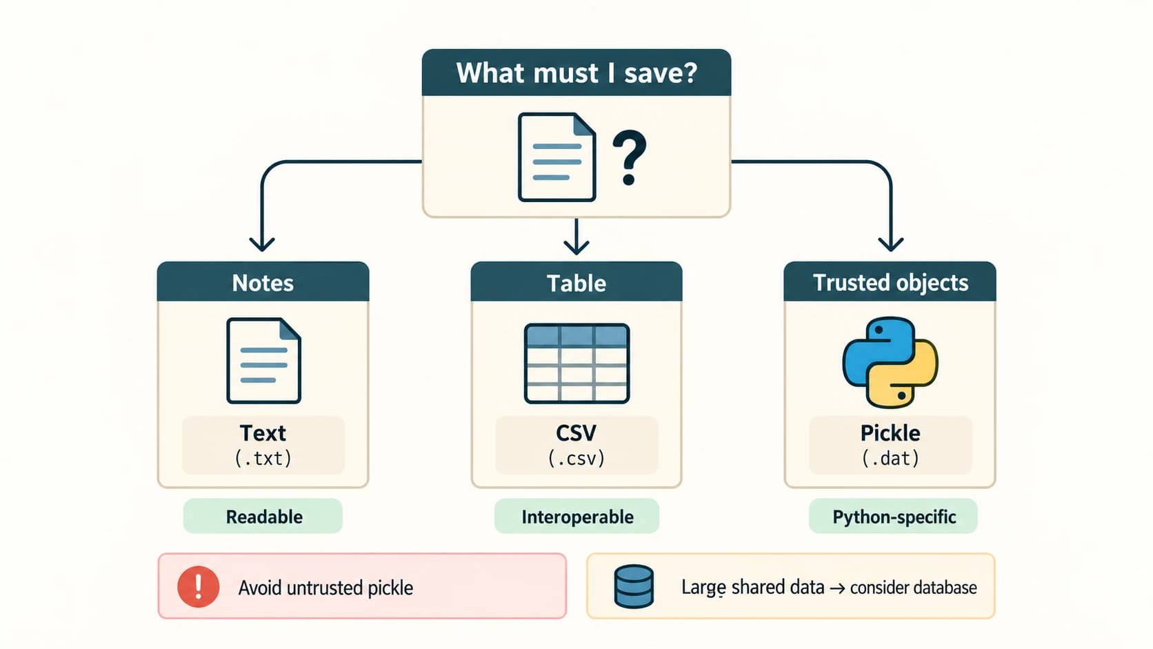 Storage-choice flowchart for plain text notes, interoperable CSV tables and trusted Python pickle objects.
