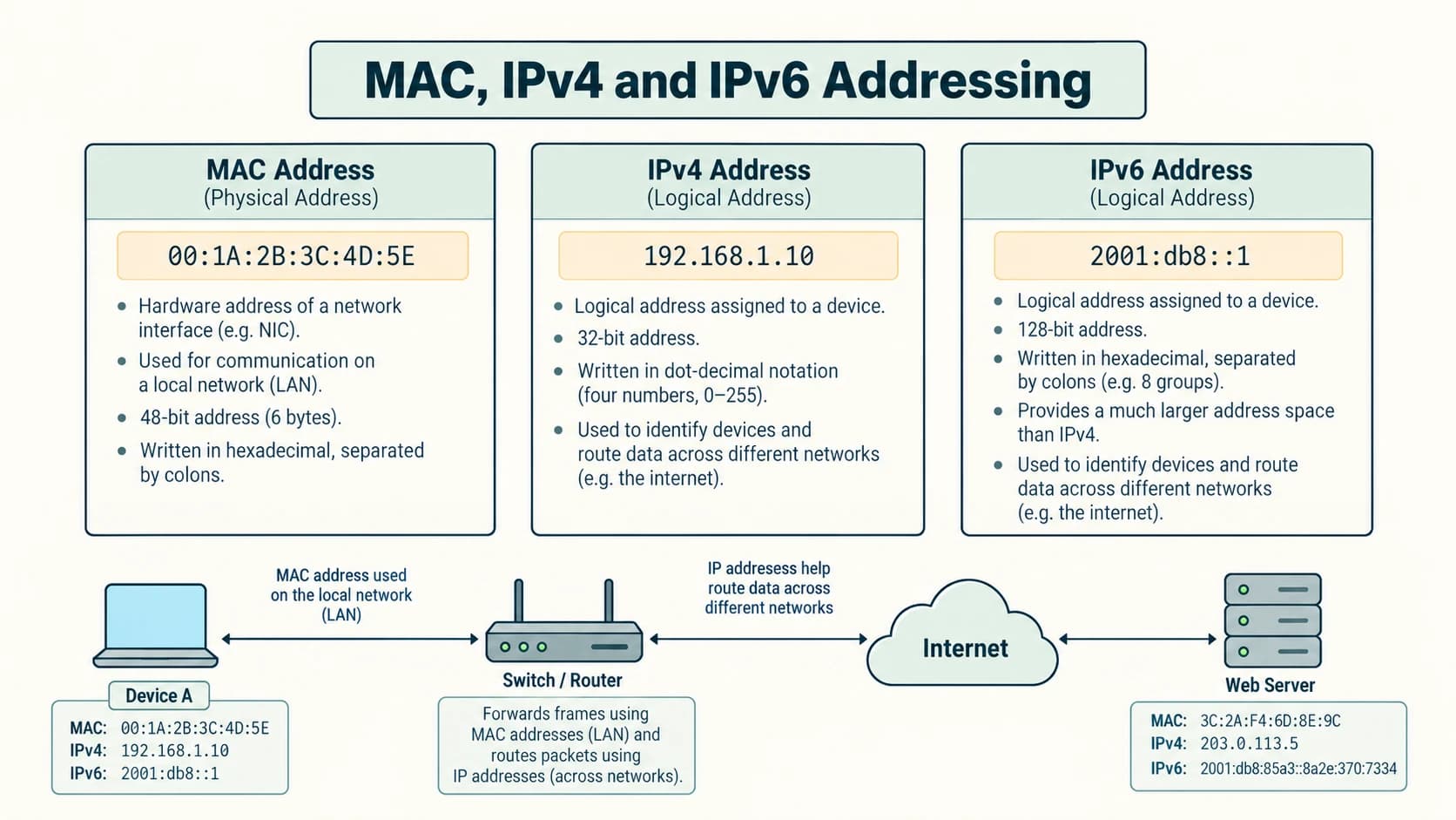 Three address-format cards and a router hop explain the different roles of MAC, IPv4 and IPv6 addresses.