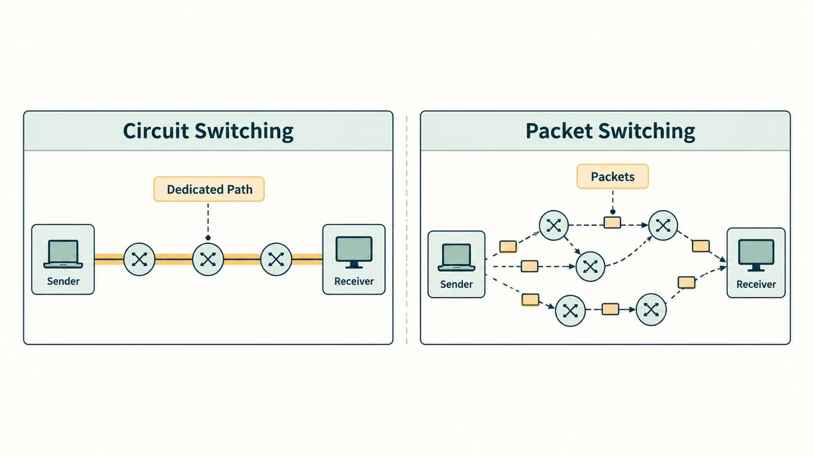 A circuit-switched flow holds a reserved path, while separately routed packets traverse shared network paths.