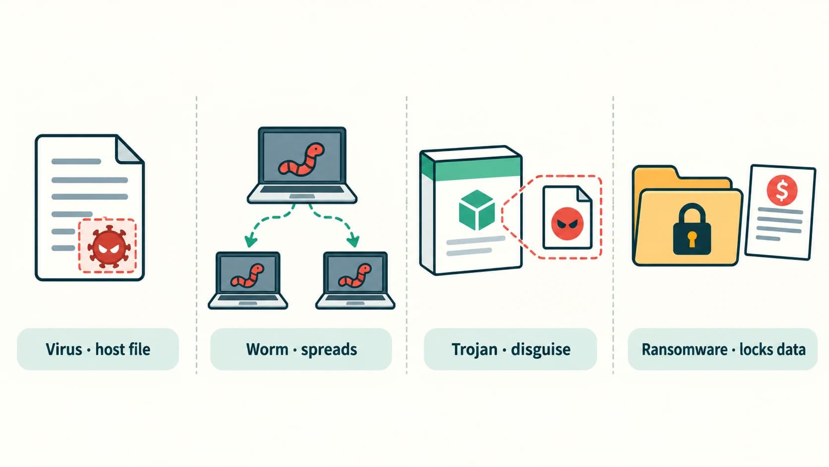 Four simple diagrams contrast host-infecting viruses, independent worms, disguised Trojans and data-locking ransomware.