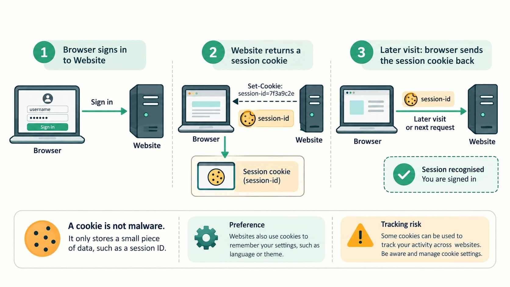 Browser sign-in establishes a session cookie that accompanies later site requests, with a separate privacy caution.