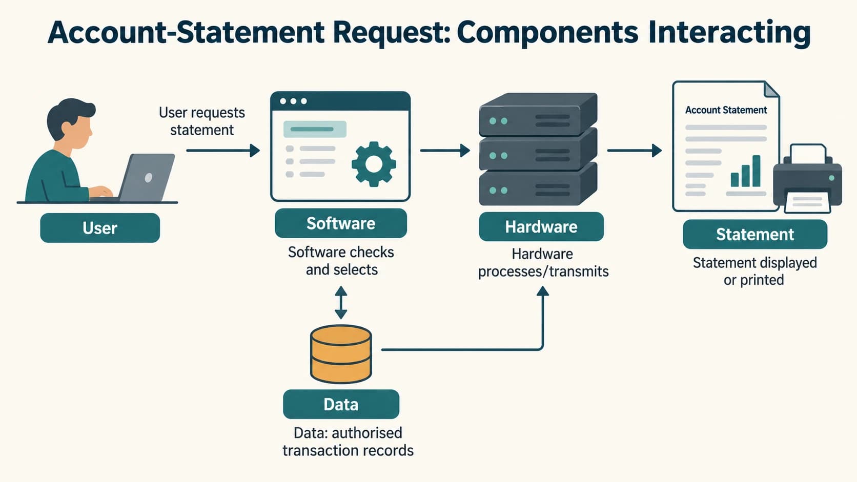 A user requests a statement, software applies rules, hardware executes operations on authorized data, and a statement is produced.