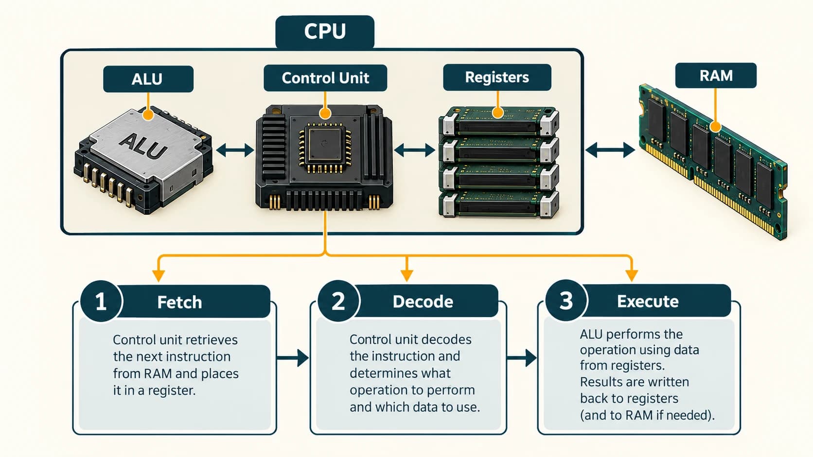 CPU with ALU for arithmetic and logic, control unit for directing operations, and registers for immediate values; instruction fetch, decode and execute sequence.