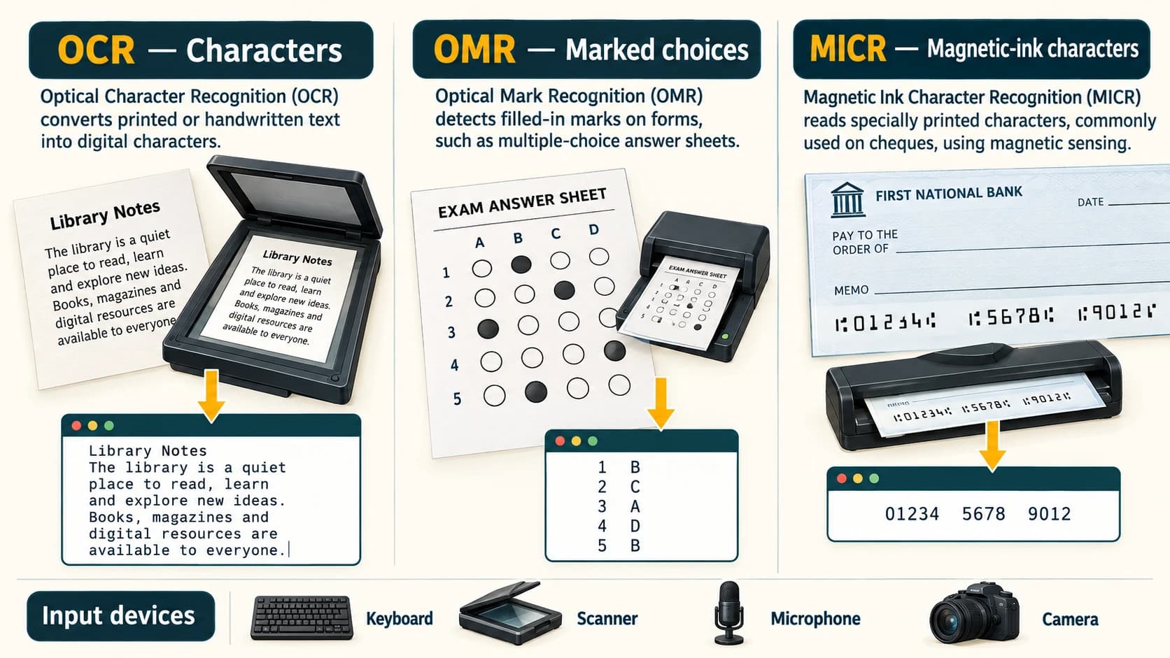 Comparison of OCR for text, OMR for marked answers and MICR for magnetic-ink cheque characters.