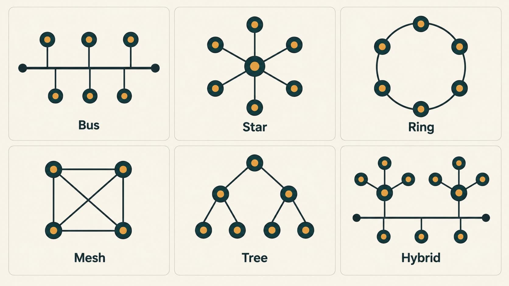Bus, star, ring, mesh, tree and hybrid topologies shown using simple connected node diagrams.