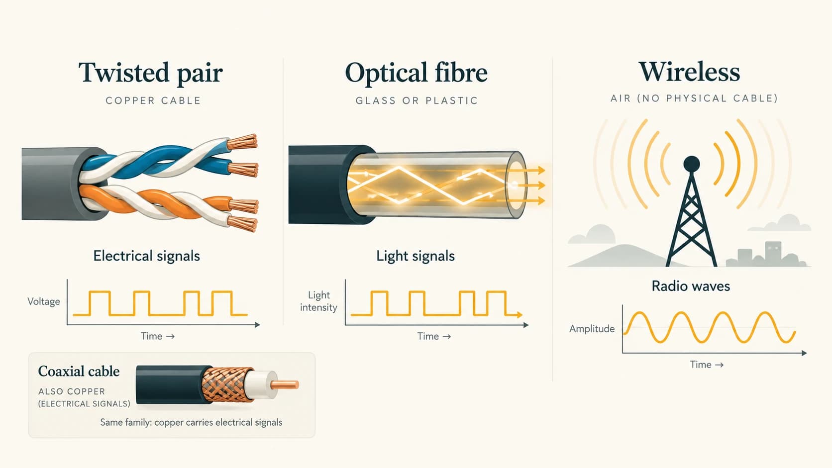 Twisted pair carries electrical signals, optical fibre carries light and wireless links use radio waves.
