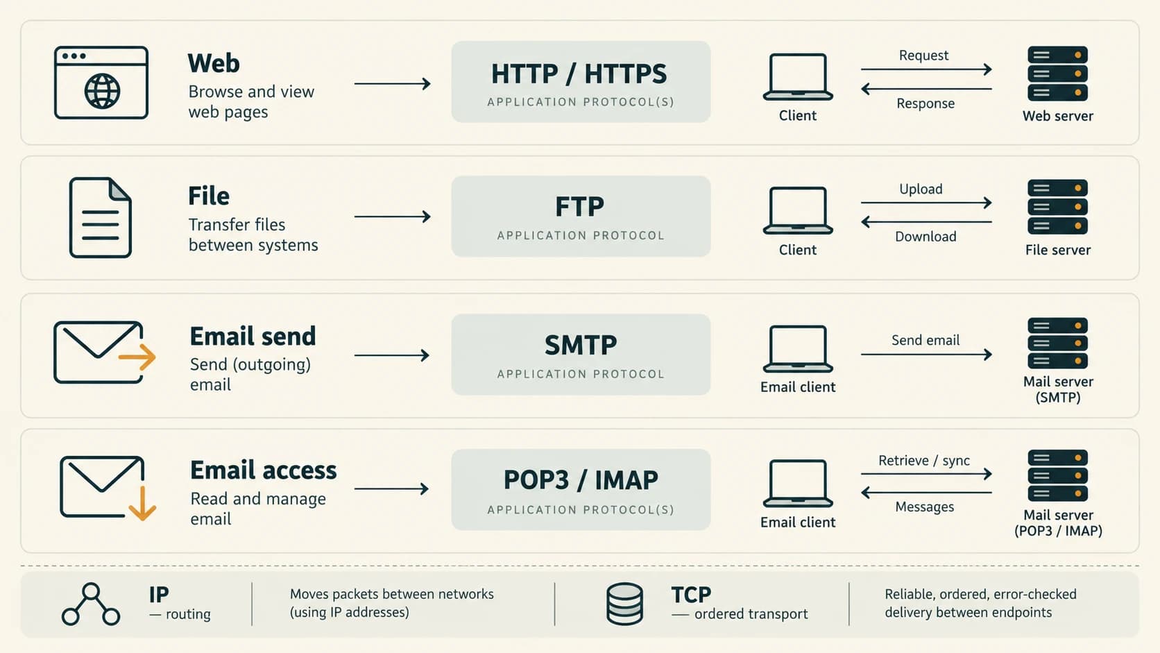 HTTP/HTTPS serve web exchanges, FTP transfers files, SMTP sends email, POP3/IMAP access mail, IP routes packets and TCP offers ordered transport.
